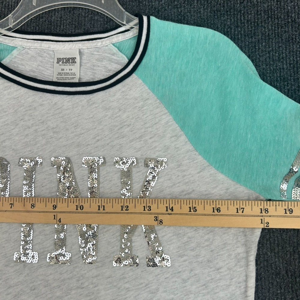 PINK Victoria's Secret Seafoam Bling Logo Women's XS Baseball 3/4 Sleeve Tee Y2K - Picture 4 of 11